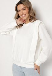 Biała Bluza z Wiskozą z Podkreśloną Linią Ramion Alithra. Białe bluzy Born2be, z aplikacjami, z jeansu, bez kaptura. Za 79.99 zł.