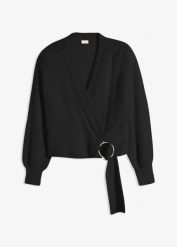 Sweter kopertowy z ozdobnym elementem. Białe swetry bonprix, bez wzorów, bez ramiączek. Za 149.99 zł.