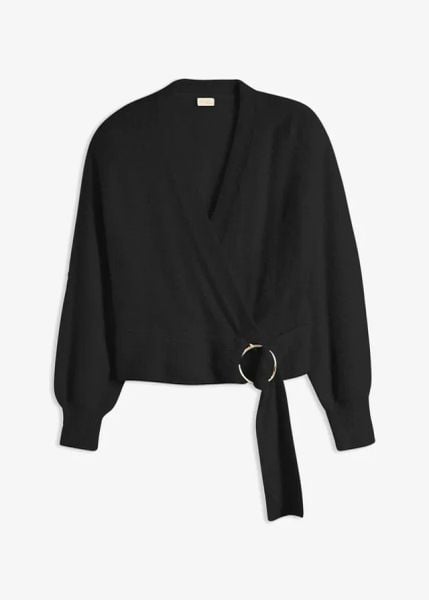 Sweter kopertowy z ozdobnym elementem. Białe swetry bonprix, bez wzorów, bez ramiączek. Za 149.99 zł.
