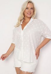 Biała Bawełniana Koszula z Krótkim Rękawem w Ozdobne Kropki Tinasenna. Białe koszule Born2be, plus size, bez wzorów, z bawełny, biznesowe, bez kołnierzyka, plus size, bez ramiączek. Za 79.99 zł.
