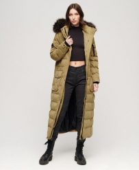 Długi płaszcz z kapturem z futerka sztucznego SUPERDRY. Brązowe płaszcze Superdry, bez wzorów, z bawełny, z kapturem. Za 776.00 zł.