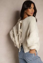 Beżowy Kardigan z Wełną o Kroju Oversize z Wiązanymi Kokardami Elearina. Brązowe kardigany Renee, bez wzorów, z jeansu. Za 129.99 zł.