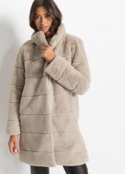 Płaszcz ze sztucznego futra. Szare płaszcze bonprix, bez wzorów, bez kaptura. Za 269.99 zł.