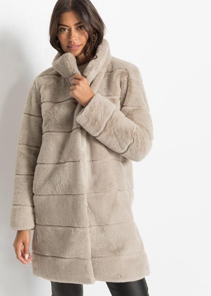 Płaszcz ze sztucznego futra. Szare płaszcze bonprix, bez wzorów, bez kaptura. Za 269.99 zł.