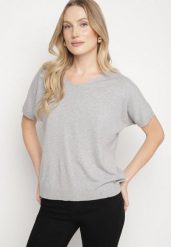 Szara Dzianinowa Bluzka z Dekoltem w Kształcie Litery V Fenima. Szare bluzki Born2be, l, bez wzorów, z dzianiny, biznesowe, bez kołnierzyka, bez ramiączek. Za 49.99 zł.