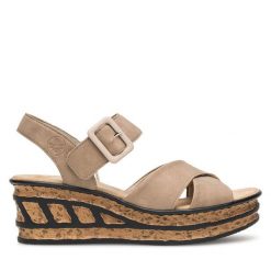 Sandały Rieker. Brązowe sandały Rieker, bez wzorów, bez obcasa, na koturnie, bez zapięcia. Za 299.99 zł.
