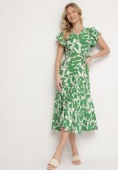 Jasnozielona Rozkloszowana Sukienka z Wiązaniem w Roślinny Wzór Janitaie. Zielone sukienki Born2be, na co dzień, l, bez wzorów, z jeansu, eleganckie, bez kołnierzyka, bez ramiączek, midi, rozkloszowane. Za 64.99 zł.