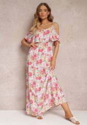 Biało-Czerwona Sukienka Maxi Bawełniana w Kwiaty z Falbanką Saranna. Białe sukienki Renee, na imprezę, l, bez wzorów, z bawełny, bez kołnierzyka, bez ramiączek, maxi, rozkloszowane. Za 59.99 zł.