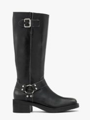 Czarne kozaki biker boots ze skóry licowej. Szare kozaki Ryłko, ze skóry, bez obcasa, na obcasie, bez zapięcia. Za 699.99 zł.