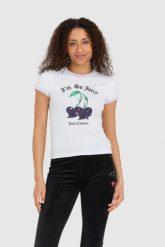 JUICY COUTURE Biały t-shirt damski z wisienkami slim, Rozmiar M. Białe t-shirty Juicy Couture, m, bez wzorów, bez kołnierzyka, bez ramiączek. W wyprzedaży za 249.99 zł.