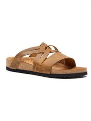 Comfortfusse Skórzane klapki w kolorze jasnobrązowym rozmiar: 35. Brązowe klapki Comfortfüße, bez wzorów, ze skóry, z otwartym noskiem, bez obcasa. Za 252.99 zł.