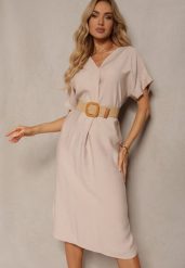 Jasnobeżowa Sukienka z Wiskozy z Trójkątnym Dekoltem i Paskiem z Plecionki Diremia. Brązowe sukienki Renee, na co dzień, plus size, bez wzorów, z materiału, bez kołnierzyka, plus size, bez ramiączek, midi, proste. Za 69.99 zł.