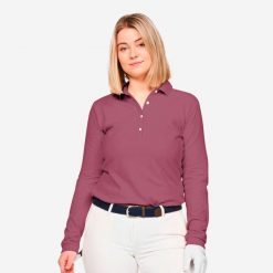 Koszulka polo do golfa damska MW500. Fioletowe koszulki polo INESIS, m, bez wzorów, z bawełny, bez kołnierzyka, bez ramiączek. Za 69.99 zł.