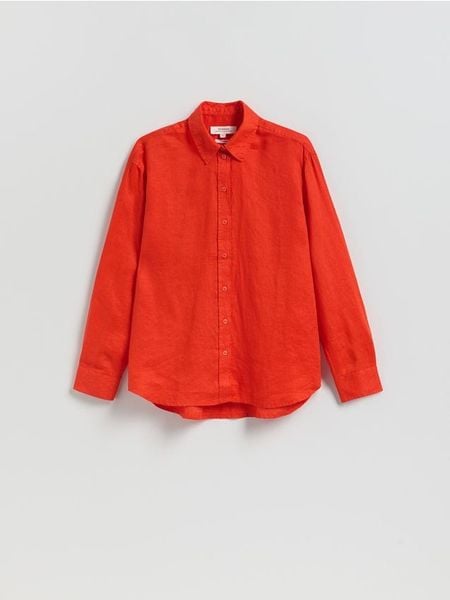 Lniana koszula - pomarańczowy. Brązowe koszule Reserved, l, bez wzorów, z tkaniny, bez kołnierzyka, bez ramiączek. Za 159.99 zł.
