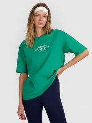 4F T-shirt oversize z nadrukiem damski - zielona S. Zielone koszulki sportowe 4f, bez wzorów, z bawełny, bez ramiączek. Za 59.99 zł.