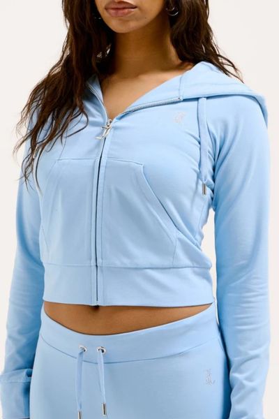 JUICY COUTURE Błękitna bluza damska Single Jersey Ola Hoodie, Rozmiar XL. Niebieskie bluzy Juicy Couture, s, bez wzorów, z jersey, z kapturem. W wyprzedaży za 178.99 zł.