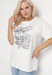 Biały T-shirt z Bawełny z Metalicznym Nadrukiem Olianea. Białe t-shirty Born2be, xl, bez wzorów, z bawełny, bez kołnierzyka, bez ramiączek. Za 39.99 zł.