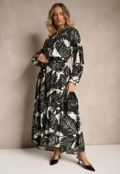 Czarna Rozkloszowana Sukienka z Wiskozy z Motywem Liści Wilvesia. Czarne sukienki Renee, na co dzień, m, bez wzorów, z wiskozy, eleganckie, bez kołnierzyka, bez ramiączek, maxi, rozkloszowane. Za 99.99 zł.