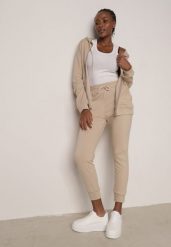 Beżowy Komplet Dresowy Zasuwana Bluza z Kapturem i Spodnie Typu Jogger Nedisare. Brązowe bluzy Born2be, l, bez wzorów, z dresówki, z kapturem. Za 99.99 zł.