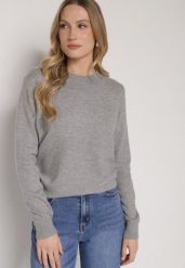 Szary Casualowy Sweter z Wełną i Bawełną Nedalla. Szare swetry Born2be, bez wzorów, z bawełny, bez ramiączek. Za 59.99 zł.