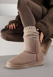 Ciemnobeżowe Śniegowce z Przeszyciami po Bokach Retena. Brązowe trapery i śniegowce Renee, z jeansu. Za 79.99 zł.