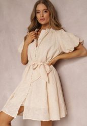 Jasnobeżowa Sukienka z Bawełny Halpy. Brązowe sukienki Renee, na imprezę, na lato, m, bez wzorów, z bawełny, eleganckie, bez kołnierzyka, bez ramiączek, mini, dopasowane. Za 149.99 zł.