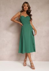 Zielona Rozkloszowana Sukienka Midi z Rozcięciem na Ramiączkach Josine. Zielone sukienki Renee, l, bez wzorów, eleganckie, bez kołnierzyka, bez ramiączek, midi, rozkloszowane. Za 79.99 zł.