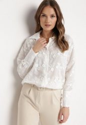 Biała Koszula Ozdobiona Haftami i Kwiatkami z Wysokim Mankietem Lirexia. Białe koszule Born2be, l, bez wzorów, eleganckie, bez kołnierzyka, bez ramiączek. Za 139.99 zł.