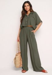 Ciemnozielony Wiskozowy Komplet 2-Częściowy Luźna Koszula Spodnie z Szerokimi Nogawkami Ulvitela. Zielone koszule Born2be, bez wzorów, z wiskozy, eleganckie, bez kołnierzyka, bez ramiączek. Za 139.99 zł.