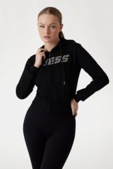 GUESS Czarna damska bluza z cyrkoniami Primula. Czarne bluzy Guess, s, z aplikacjami, bez kaptura. W wyprzedaży za 269.99 zł.