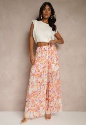 Pomarańczowe Spodnie High Waist Zdobione Plisami i Kwiatowym Printem Folamea. Brązowe spodnie materiałowe Renee, na co dzień, z aplikacjami, z jeansu, z podwyższonym stanem. W wyprzedaży za 97.99 zł.