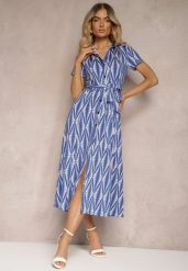 Granatowa Koszulowa Sukienka z Materiałowym Paskiem i Guzikami z Geometrycznym Printem Usklea. Niebieskie sukienki Renee, na co dzień, l, bez wzorów, z materiału, eleganckie, bez kołnierzyka, bez ramiączek, maxi, koszulowe. Za 179.99 zł.