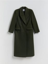 Dwurzędowy płaszcz z wełną - zielony. Zielone płaszcze Reserved, l, bez wzorów, z tkaniny, bez kaptura. Za 459.99 zł.