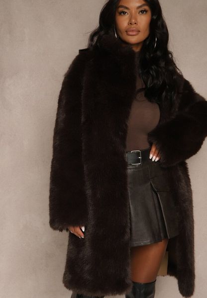 Brązowy Długi Futrzany Płaszcz Otirona. Brązowe płaszcze Renee, na jesień, l, bez wzorów, z futra, bez kaptura. Za 279.99 zł.