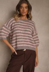 Brązowy Sweter z Wełną Ozdobiony Paskami i Bufiastymi Rękawami Rilesse. Brązowe swetry Renee, na jesień, bez wzorów, z jeansu, bez ramiączek. Za 139.99 zł.