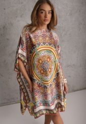 Beżowe Satynowe Ponczo z Jedwabiem i Wiskozą w Stylu Boho Prixeis. Brązowe swetry Renee, uniwersalny, bez wzorów, z jedwabiu, bez ramiączek. Za 59.99 zł.