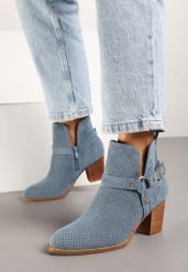Niebieskie Botki Vices na Obcasie w Kowbojskim Stylu Ozdobione Klamrą Korfedi. Niebieskie botki Born2be, na jesień, bez wzorów, bez obcasa, na obcasie, bez zapięcia. Za 149.99 zł.