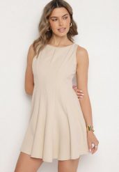 Beżowa Rozkloszowana Sukienka Ozdobiona Przeszyciami Evinini. Brązowe sukienki Born2be, m, bez wzorów, eleganckie, bez kołnierzyka, bez ramiączek, mini, rozkloszowane. Za 84.99 zł.