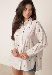 Biało-Niebieska Koszula na Lato z Bawełny o Kroju Oversize w Paski i Haftowany Wzór Deinaris. Białe koszule Born2be, bez wzorów, z bawełny, eleganckie, bez kołnierzyka, bez ramiączek. Za 119.99 zł.