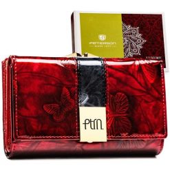Portfel damski ze skóry naturalnej w czerwonym kolorze, zamykany biglem i zatrzaskiem - Peterson. Czerwone portfele Peterson, bez wzorów, z lakierowanej skóry. Za 134.99 zł.