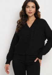 Czarny Kardigan Oversize Zapinany na Guziki z Ozdobnym HaftemKalabrine. Czarne kardigany Born2be, bez wzorów. Za 169.99 zł.
