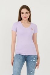 GUESS Lawendowy damski t-shirt Mini Triangle Tee, Rozmiar XS. Fioletowe t-shirty Guess, s, z aplikacjami, bez kołnierzyka, bez ramiączek. W wyprzedaży za 99.99 zł.