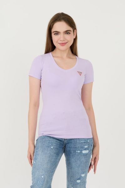 GUESS Lawendowy damski t-shirt Mini Triangle Tee, Rozmiar XS. Fioletowe t-shirty Guess, s, z aplikacjami, bez kołnierzyka, bez ramiączek. W wyprzedaży za 85.99 zł.