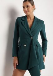 Ciemnozielona Taliowana Sukienka o Kroju Marynarki z Mini Trenem Besista. Zielone sukienki Born2be, m, z aplikacjami, eleganckie, bez kołnierzyka, bez ramiączek, mini. Za 159.99 zł.