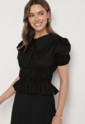 Czarna Bawełniana Koszula z Bufiastymi Rękawami i Ozdobnymi Marszczeniami Efrinda. Czarne koszule Born2be, m, bez wzorów, z bawełny, eleganckie, bez kołnierzyka, bez ramiączek. Za 69.99 zł.