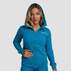 Bluza damska fitness z kapturem akwamarynowa Limitless Zip Up. Niebieskie bluzy GYMBEAM, s, bez wzorów, z bawełny, z kapturem. Za 127.90 zł.