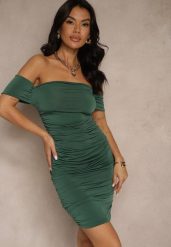 Zielona Sukienka Bodycon z Górą Open Shoulder i Marszczeniem Tosivea. Zielone sukienki Renee, na co dzień, l, bez wzorów, bez kołnierzyka, bez ramiączek, mini, bodycon. Za 64.99 zł.