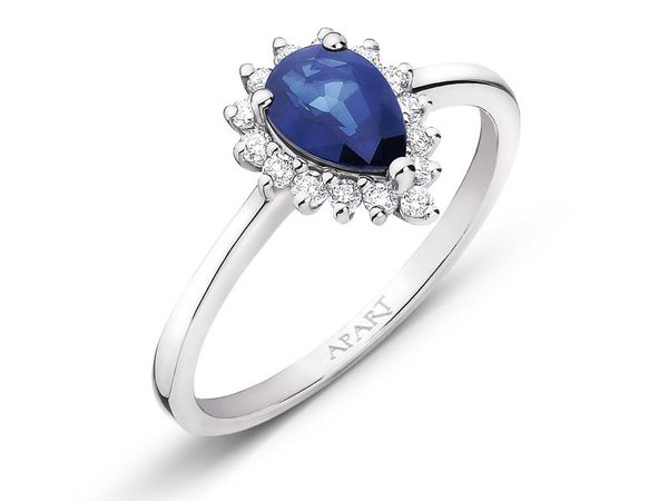 Pierścionek z białego złota z brylantami i szafirem - próba 585. Białe pierścionki Apart, z brylantem, złote. Za 4,890.00 zł.