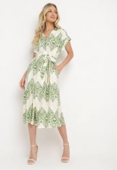 Zielono-Beżowa Taliowana Sukienka Boho z Wiskozą Wiązana w Talii Paskiem Losofia. Zielone sukienki Born2be, na co dzień, na lato, l, z aplikacjami, z wiskozy, boho, bez kołnierzyka, bez ramiączek, midi. Za 109.99 zł.