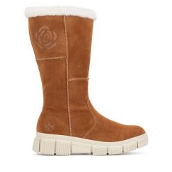 Kozaki Rieker. Brązowe kozaki Rieker, bez obcasa, na płaskiej podeszwie, bez zapięcia. Za 272.99 zł.
